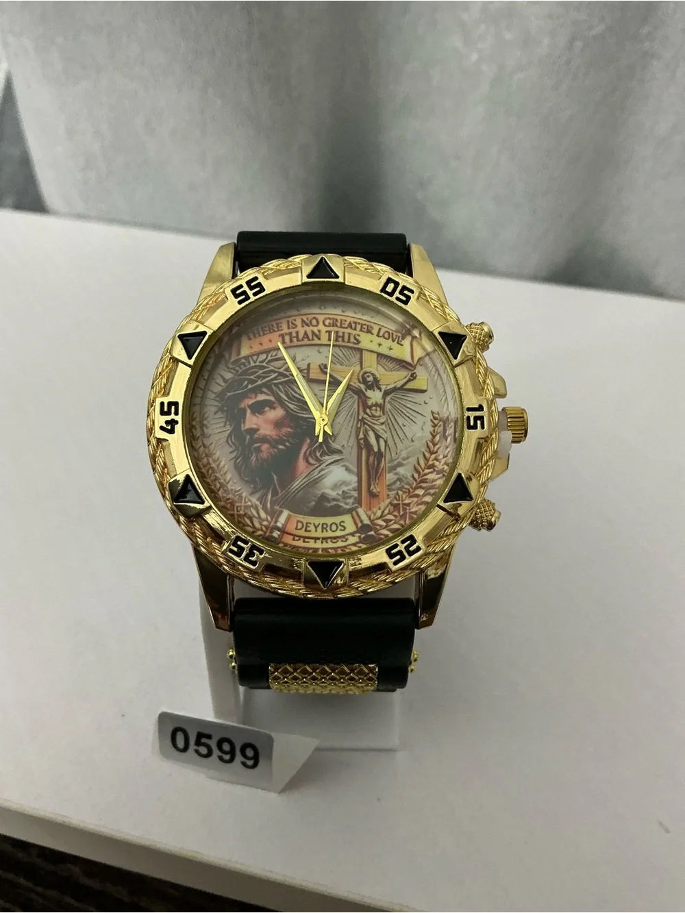 DEYROS Religious Analog Quartz Wristwatch Multicolor Dial Gold Tone/Black Rubber